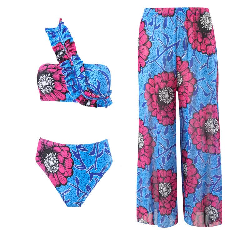 New Blue Trouser Bikini One Shoulder Sexy High Waist Bikini Fashion Flower Printed Swimsuit