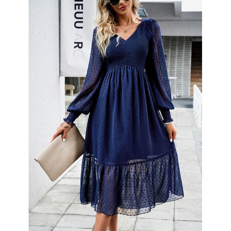 Fashion Womens Elegant Clothing Dresses v Neck Long Sleeve a Line Dress Polka Dot Casual Dress