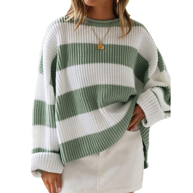New Round Neck Long Sleeved Knitted Sweater Striped Loose Casual Sweater for Women