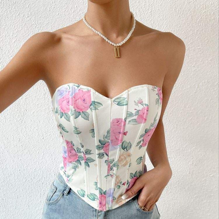 Sexy Hot Girl Low Cut Backless Flower Wrapped Chest Rhombus Fishbone Corset Vest