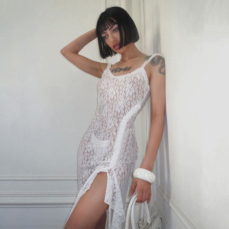 Hot Selling Sexy and Fashion Lace String Casual Dress Translucent Backless Long Hip Dress White Floral Lace Dress