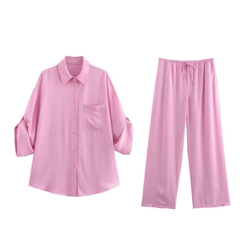 Rolled sleeve design suit wholesale Long sleeve lapel shirt with custom logo Drawstring trousers factory directly