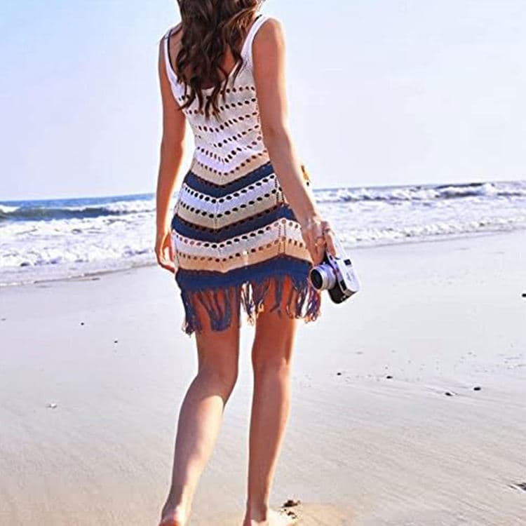 Bikini Cover Ups Summer Knitted Beach Sunscreen Shirt Fringe Stripe Tank Top Dresses