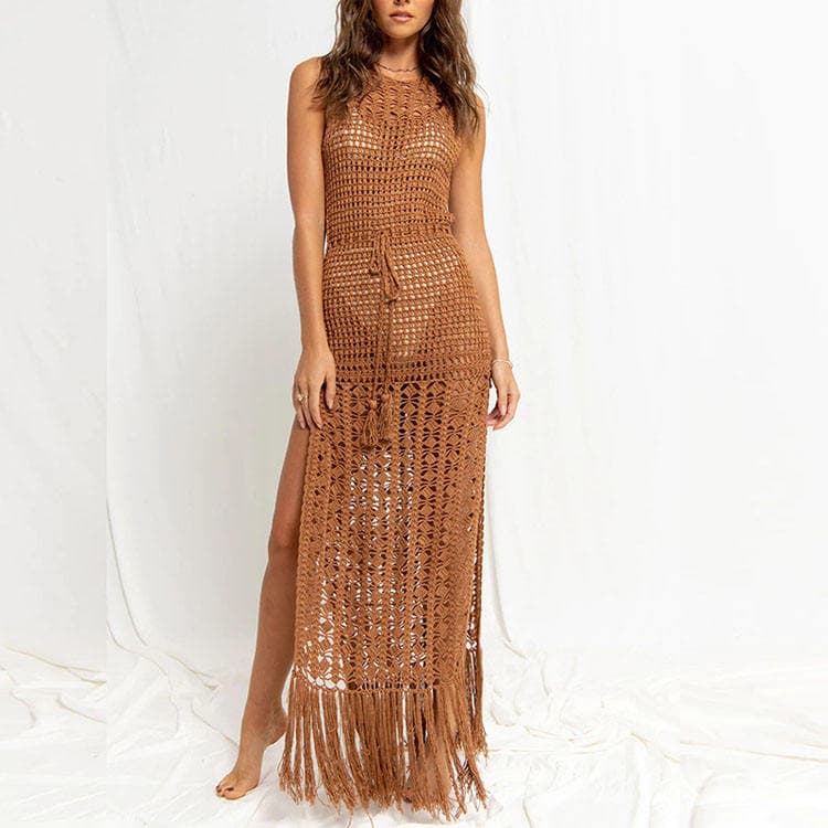 Summer New Hollow Out Bikini Knitted Dress Tassel Strap Beach Cover up