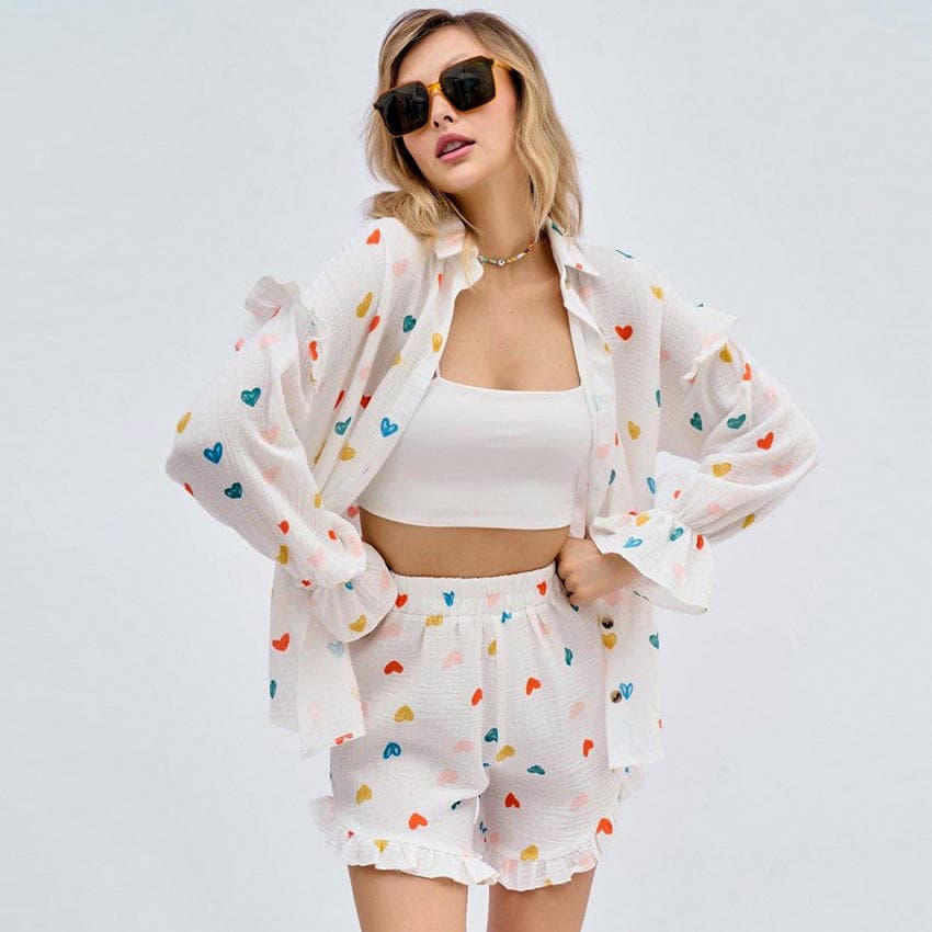 Cotton Pajamas Set Manufacturer Ruffled Long Sleeved Pajamas Printed Shorts Factory Directly