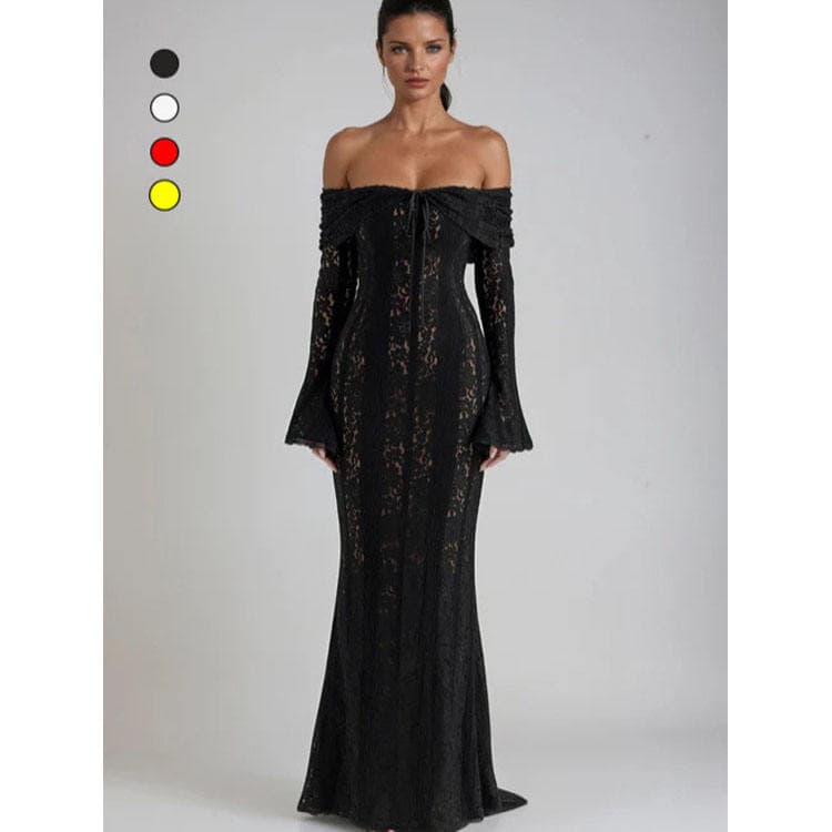 Wenshuo Off the Shoulder Dress Wholesale Long Sleeve Lace Dress Custom logo Elegant Maxi Dress Factory Directly