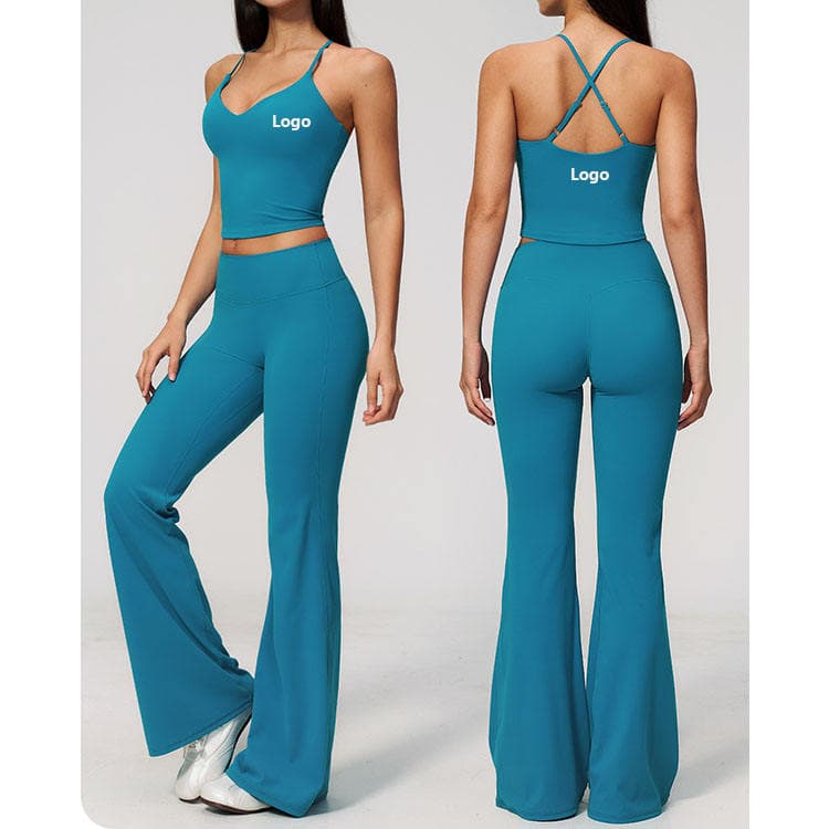 Peached Fabric Workout Set 70 Nylon 30 Spandex Tank Top and Flare Pants 2 Piece Yoga Set