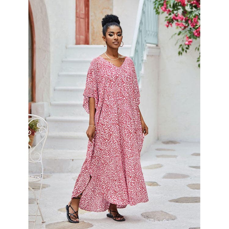 Wholesaler Loose Printed Leopard Spot Holiday Long Dress Women Bikini Sun Shirt Beach Sexy Cover up