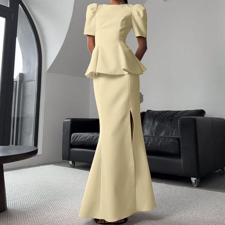 Wenshuo Slim Top and Side Slit Midi Skirt Set New Round Neck Short Sleeve Ruffle Women Commuting Two Piece Set
