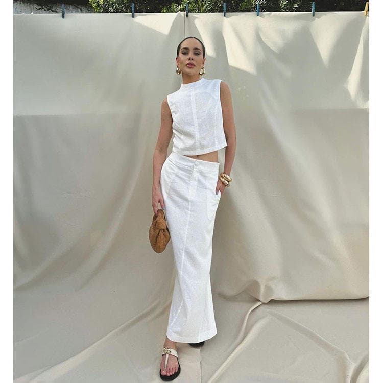 Wenshuo Simple and Casual White Vest Skirt Two Piece Set Elegant Cotton and Linen Skirt Suit Single Breasted Top Slit Skirt