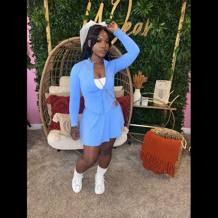 Women Sports Leisure Suit Tight Waist Long Sleeve Coat and Flared Skirt Two Piece Set Skirt With Lined Shorts Solid Color