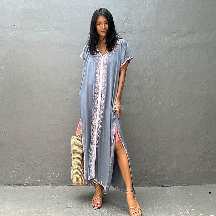 2024 Summer New Beach Skirt Solid Color Ethnic Style Lace Beach Bikini Cover Ups Women Kimono Kaftan