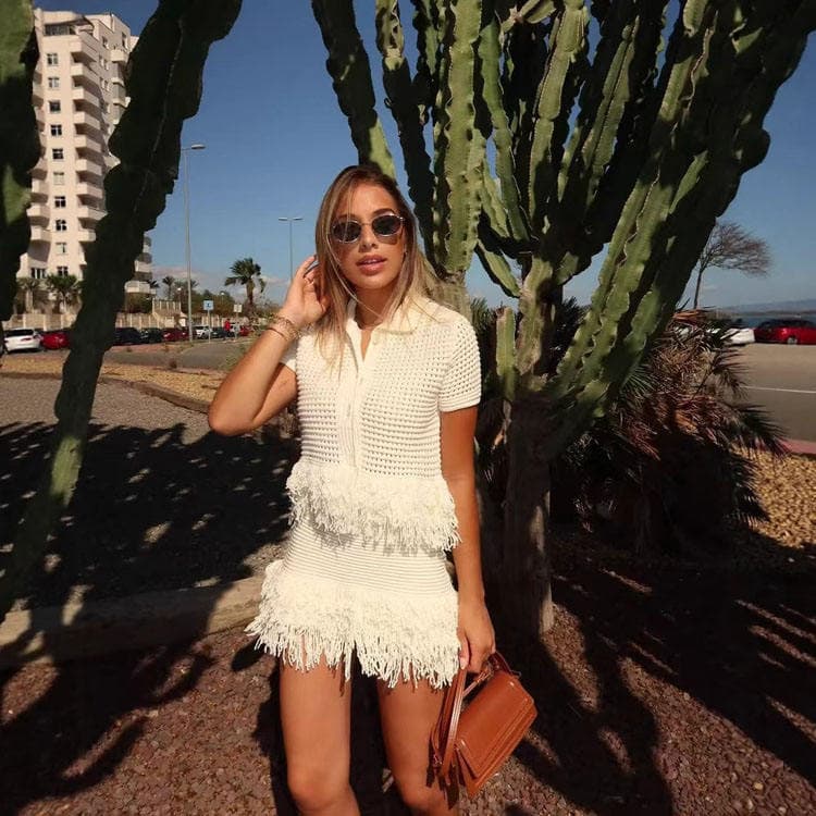 Wenshuo Tassel Hollow Top Wholesale Bodycon Mini Skirt Custom logo Knitted Women Suit Factory Direct
