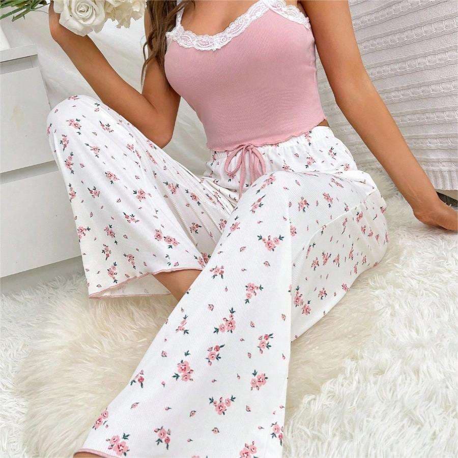 Lace Trimmed Pajamas Three Piece Set Suspender Pajamas Manufacturer Printed Pajamas Factory Directly