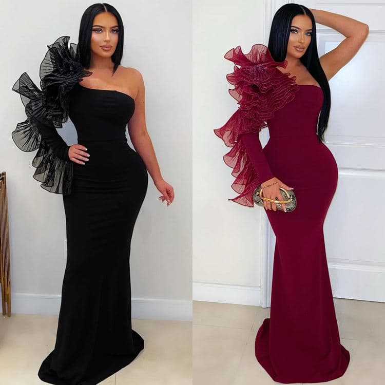 Wenshuo One Shoulder Evening Dress Wholesale Elegant Bodycon Dress Custom logo Mesh Floral Dress Factory Directly