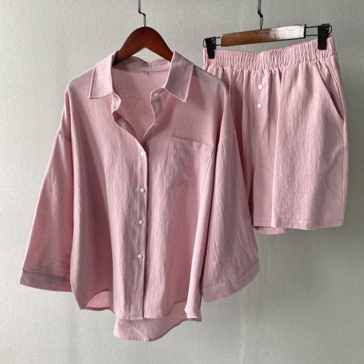 New Hot Sale Women Solid Color Two Piece Cotton Linen Shirt Set High Waist Loose Shorts Casual Set