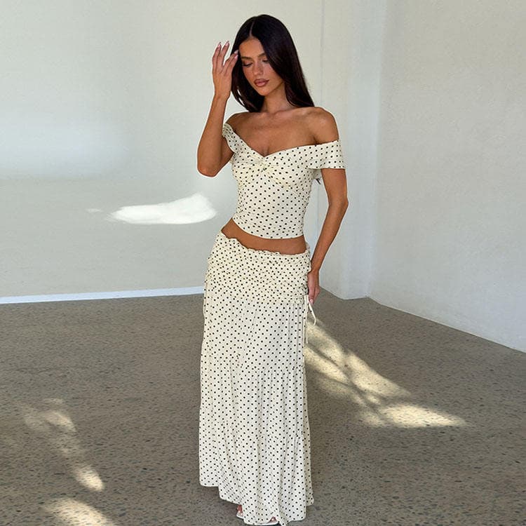 Wenshuo Fashion Polka Dot Sexy Strapless Top and Maxi Tiered Skirt Set with Side Bow Women Casual Set Wholesale Women 2piece Set