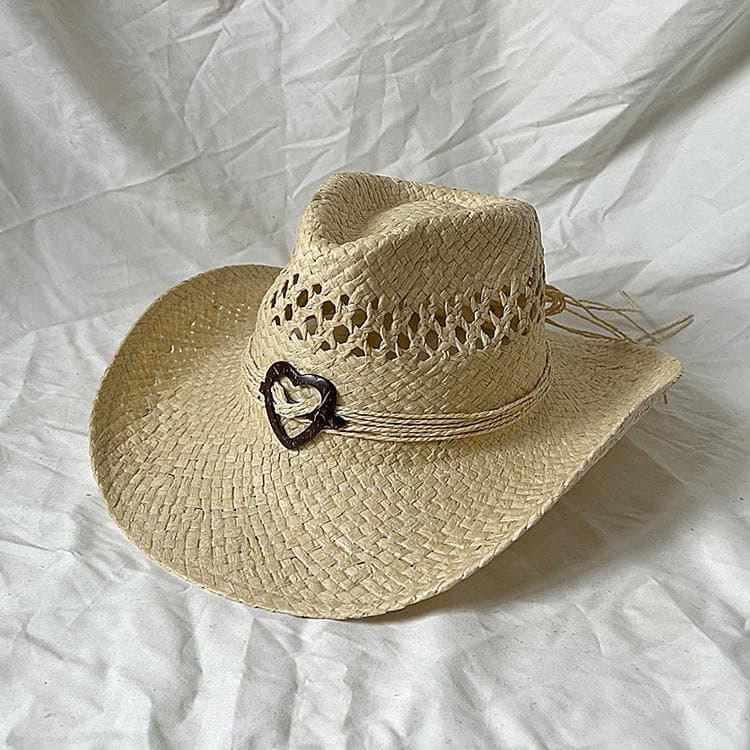 2025 Wide Brim Hand Braid Summer Hollow Hat Heart Shaped Decoration Unisex Cowboy Straw Hat