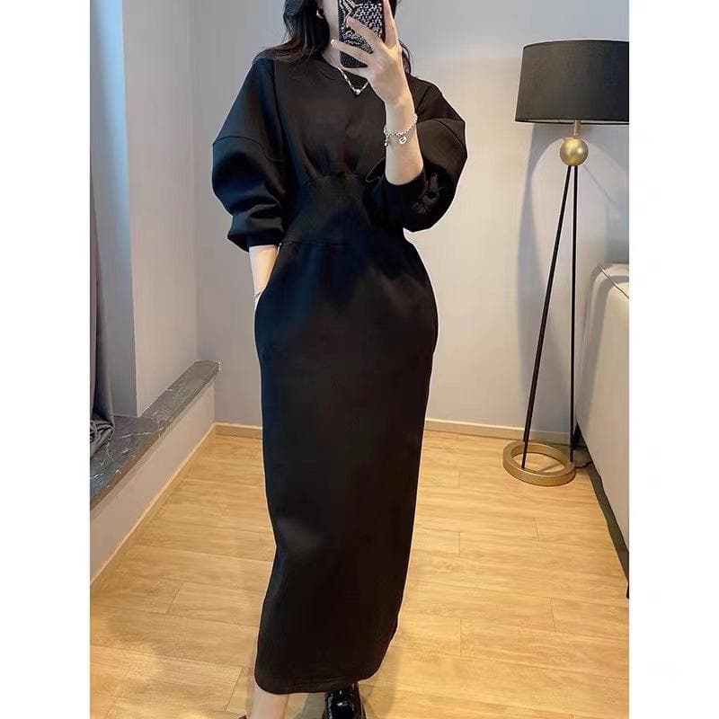 Puff Sleeve Solid Color Dress Manufacturer Waist Wrap Hip Skirt Split Long Skirt Factory Directly
