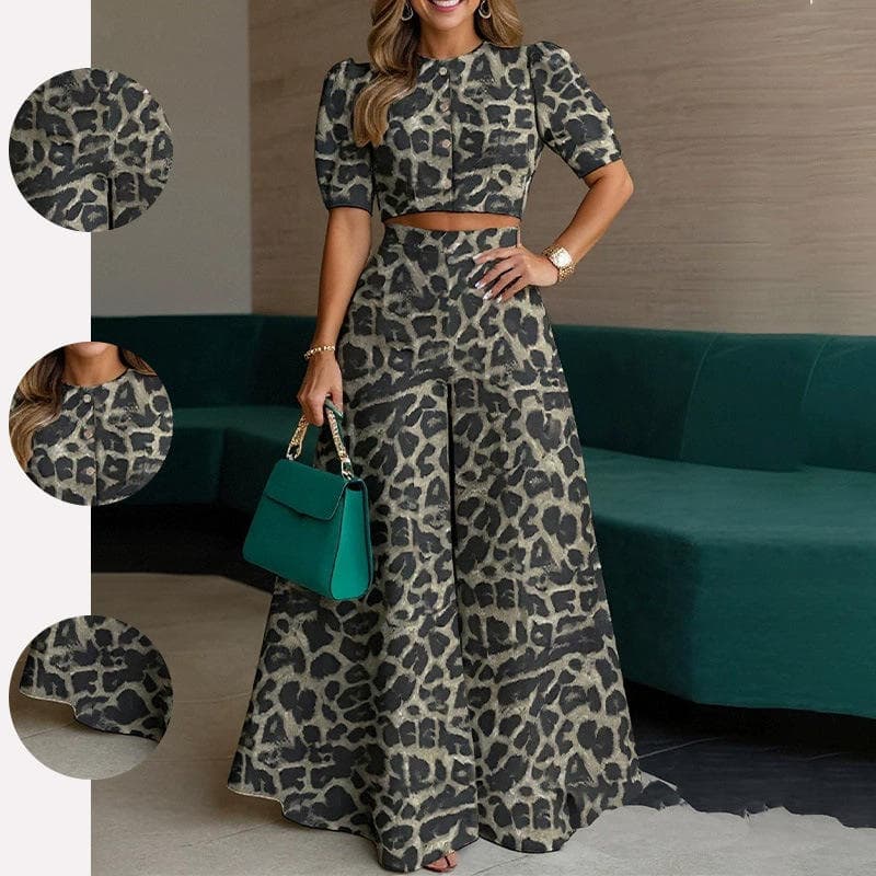 Wenshuo Leopard Print Women Suit Custom logo Crop Short Sleeves Top Wholesale Wide Leg Trousers Factory Direct