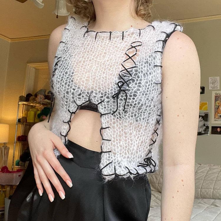 New Sexy Irregular Contrasting Knitted Sweater Sleeveless Vest See Through Knitted Sweater
