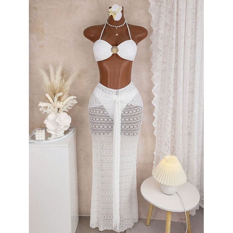 2026 Summer White Swimwear Elegant Sexy Halter Neck Swimsuit Three-Piece Backless Bikini Beach Vacation Set