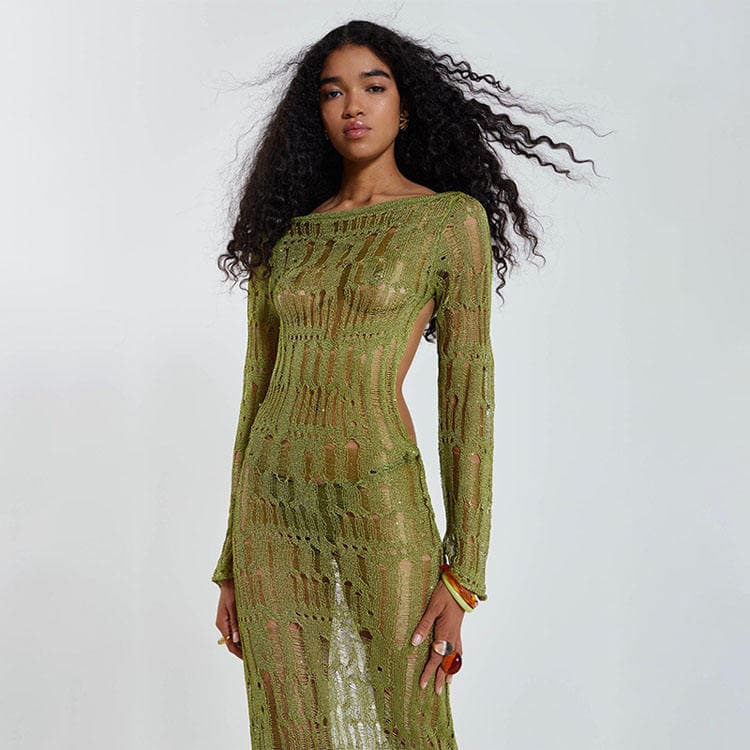 2024 New Long Sleeve Backless Sexy Hollowed Out Crochet Beach Cover Ups Knitted Dress for Women