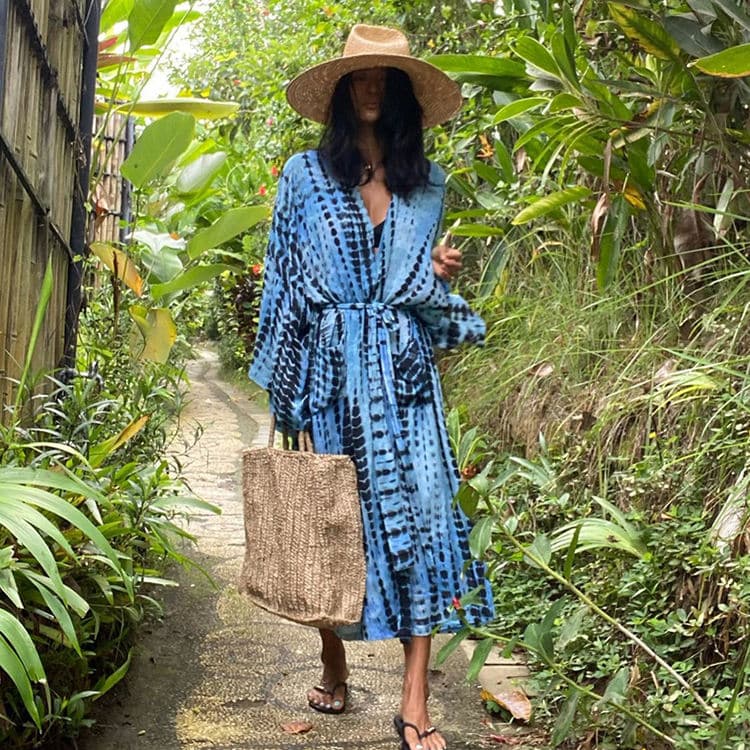 New Rayon Cotton Printed Cardigan Loose Sunscreen Beach Bikini Swimsuit Cover Ups Women