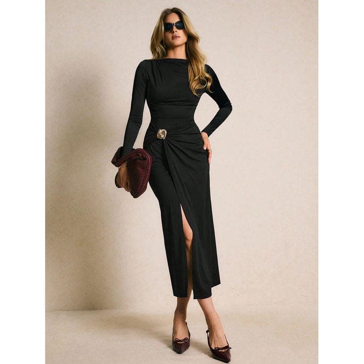 Wenshuo Pleated Split Dress Wholesale Slim Long Sleeve Dress Custom logo Solid Color Maxi Dress Factory Directly