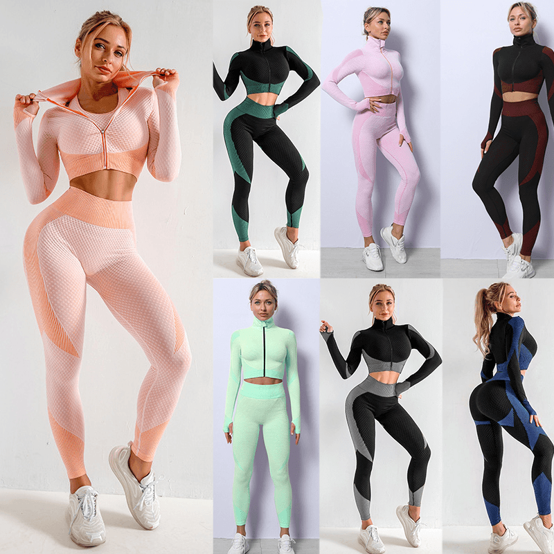 Women Outfits Conjuntos Deportivos Gray Seamless Sports Yoga Three-Piece Suit Breathable Zipper Jacket Sports Bra Yoga Pants