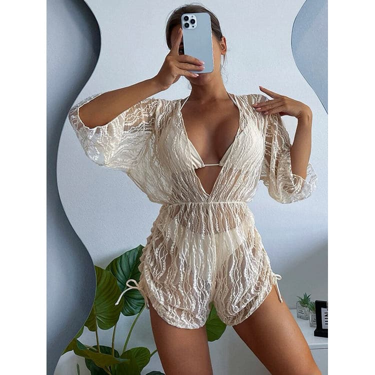 2023 New Charming Mesh Cover up Solid Color Halter Three Pieces Bikini Women Swimsuit Swimwear