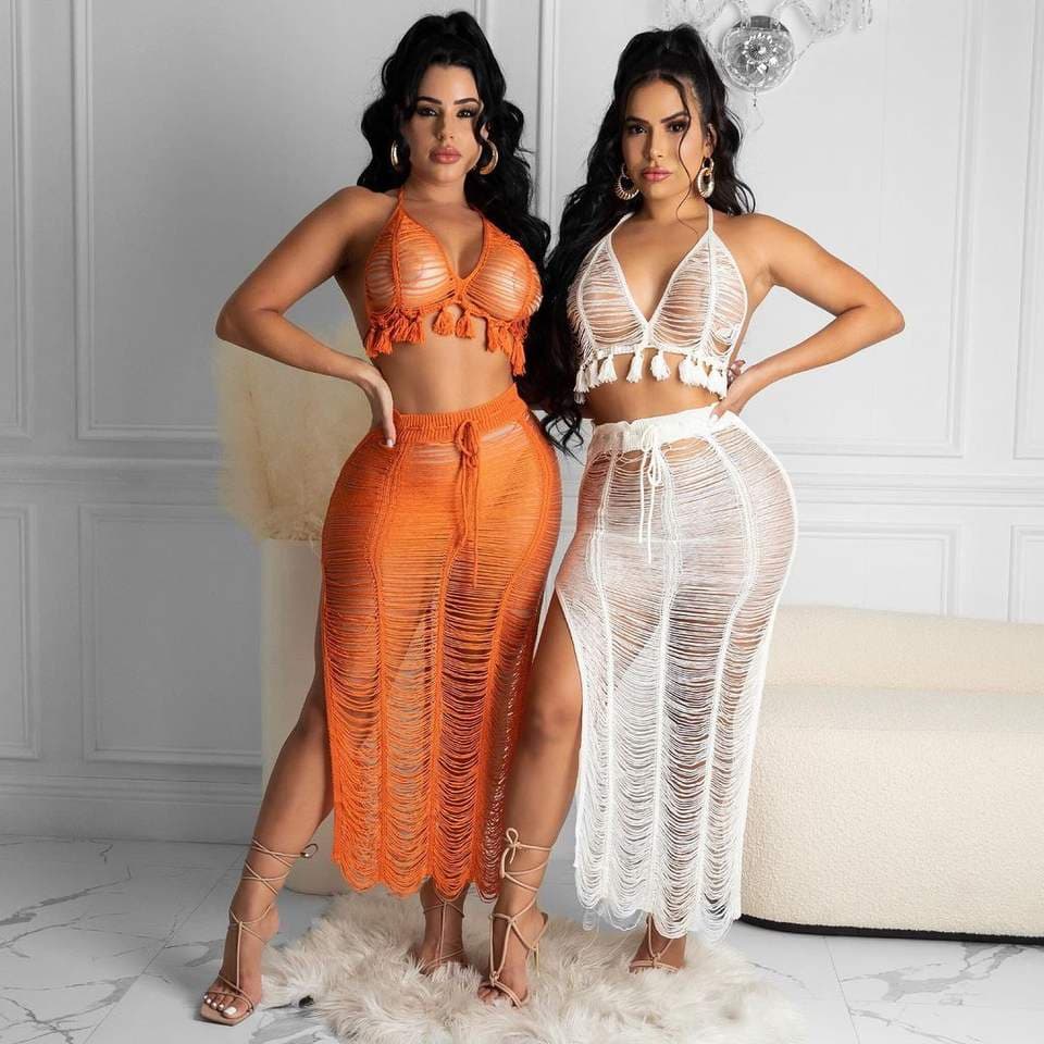 Summer Women Sexy Perspective Tassel Crochet Beach Skirt Suit Bikini