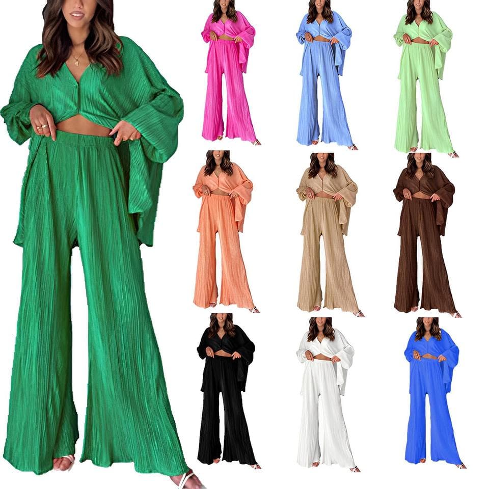 Fashion Casual Bell Bottoms Manufacturer Wrinkled Long Sleeve Shirt Factory Directly Loose Solid Color Shorts Set Wholesale