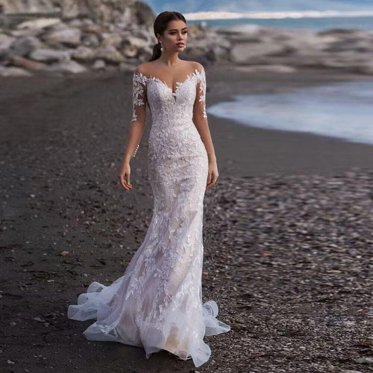 High Quality Summer New Style Wedding Dress Off Shoulder Long Sleeve Wedding Dress with Train Elegant Women Wedding Dress