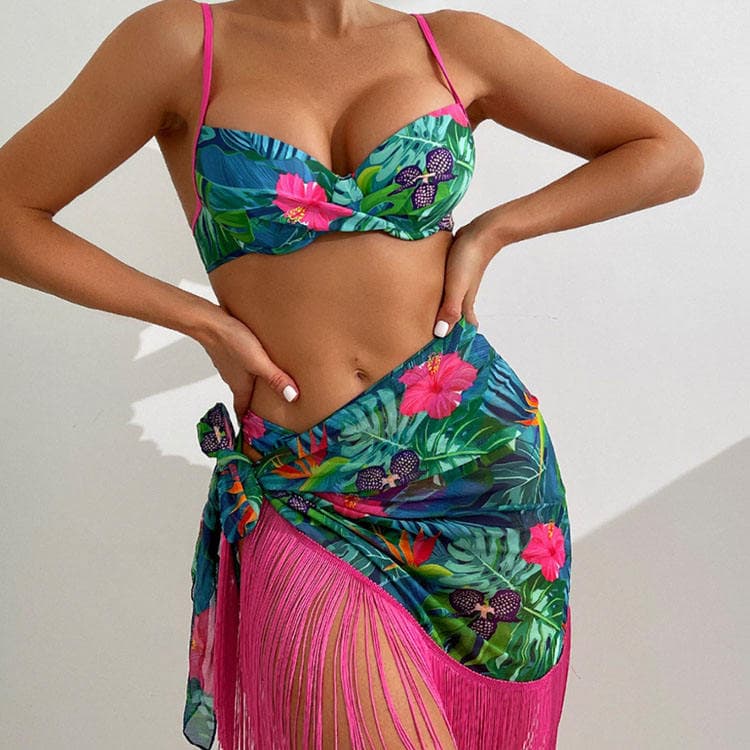 New Plant Printed Bikini Sexy Tassel Swimwear Lace Swimsuit for Women