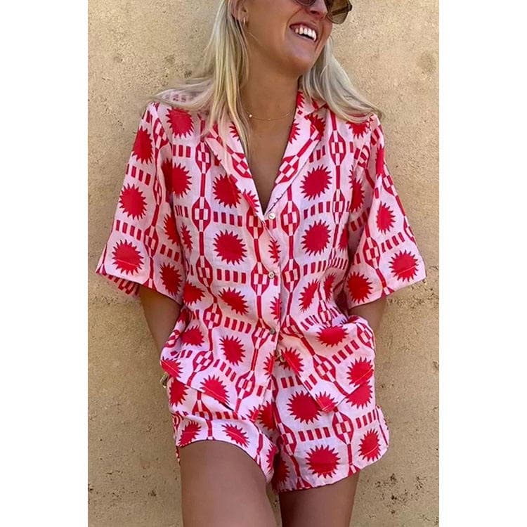 2024 New Fashion Printed Loose Lapel Sleeve Pocket Shirt Shorts Pants Set Women Two Piece Sets