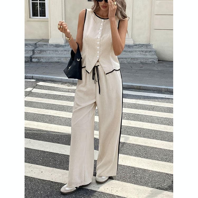 Wenshuo Casual Solid Color Suit Wholesale Button Sleeveless Vest Custom logo Drawstring Trousers Factory Direct