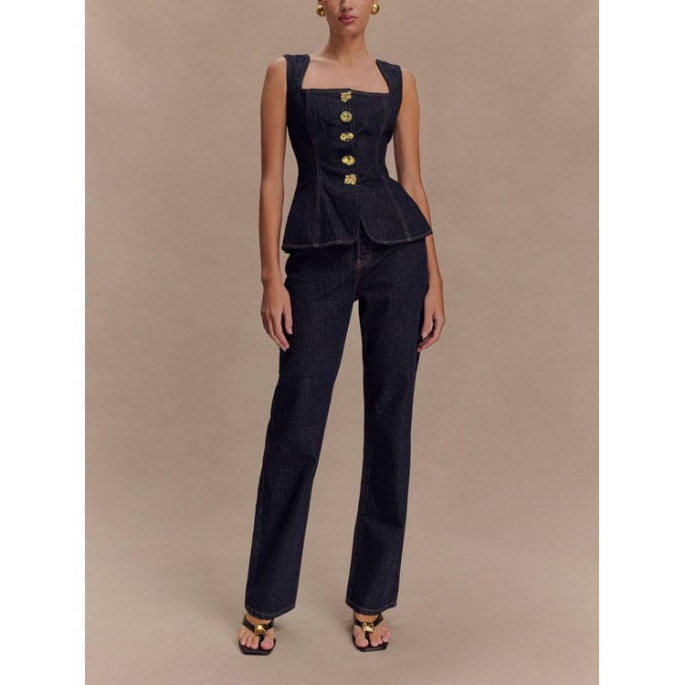 2025 New Fashion Women's Denim Set Modern Style Button up High Waisted Crop Top and Wide Leg Pants Casual Outfit 2 Piece Set