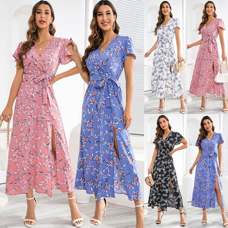 2023 Small Flower Print Women Dress Bandage Elegant Casual Dresses