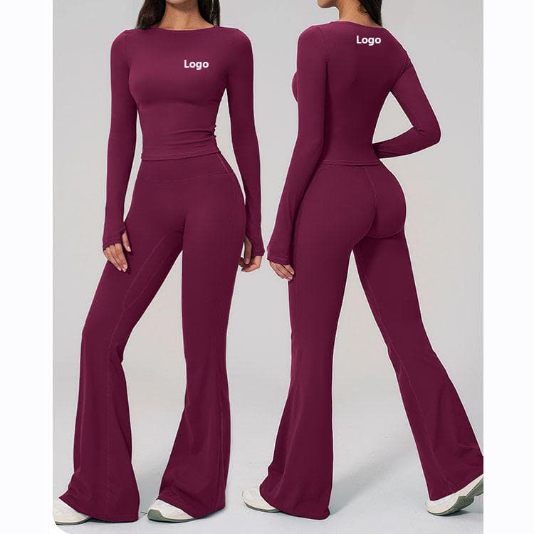 Fall Winter New Peached Brushed Nylon Spandex Long Sleeves T-shirt and Flare Pants 2 Piece Nake Feeling Yoga Set