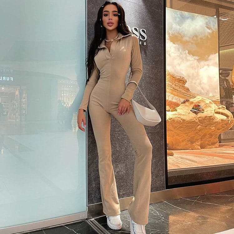 Wholesale New Winter Fashion Collar Long Sleeve Jumpsuit Slim Casual Wide Leg Pants Wholesale