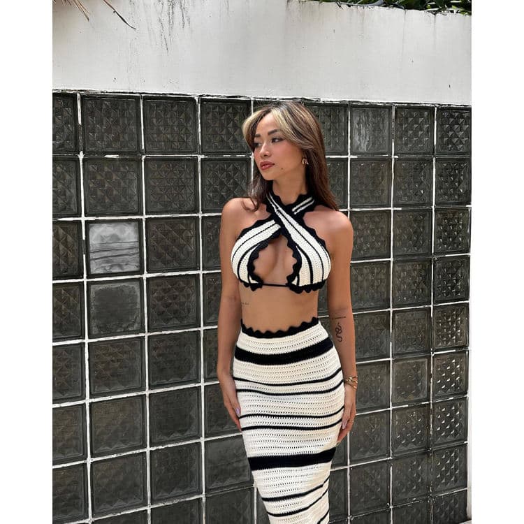 2024 Striped Knit Dress Sexy Vest Top Long Skirt Suit Beach Bohemian Style Contrast Color Design Women Dress 2 Piece Set