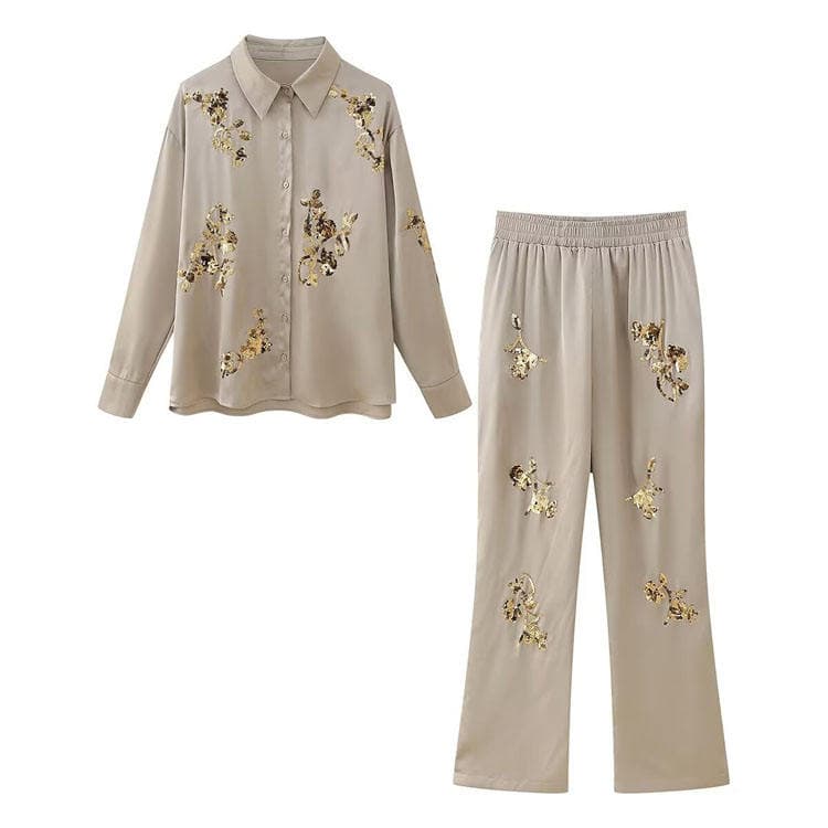 New Fashion 2024 Loose Sequins Embroidery Long-sleeved Shirt Casual Pants Women Two Piece Sets