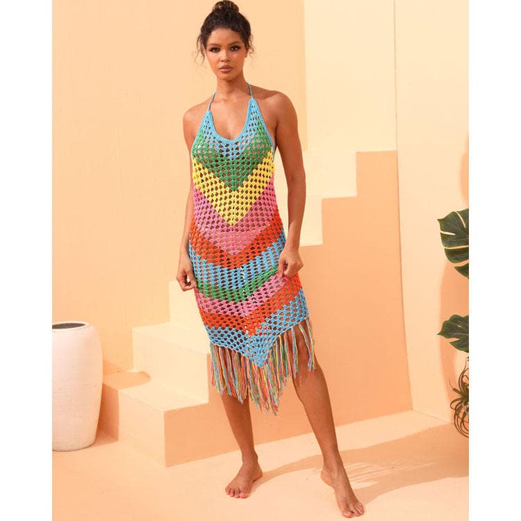 2024 New Handmade Crochet Fish Net Rainbow Tassel Cover Ups Sexy Bikini Swimwear Women Beach Dress