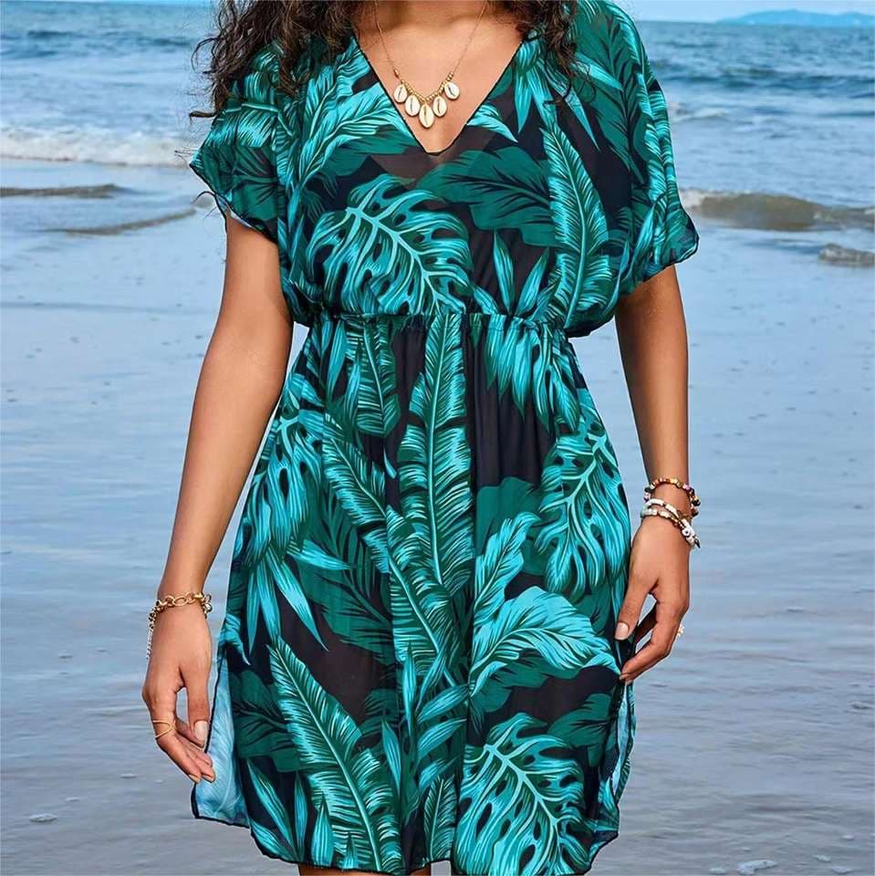 Leaf Pattern Beach Shirt Wholesale Short Dress Sun protection Cardigan Waist Bikini Cover up Manufacturer