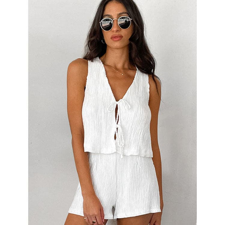 2024 Summer Pure White Puff Sleeveless v Neck Lace up Vest Breathable Cool Hot Pants Set