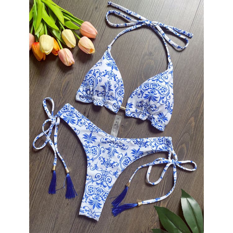 New Celadon Printed Bikini Retro Swimsuit Beach Sexy Brazilian Swimwear Women