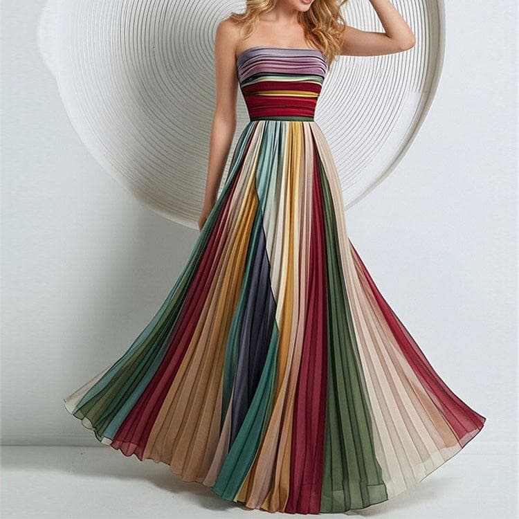Wenshuo 2026 Summer New Arrival Fashion and Elegant Waist Pleated Printed Long Dress Color Blocking Women Casual Dress