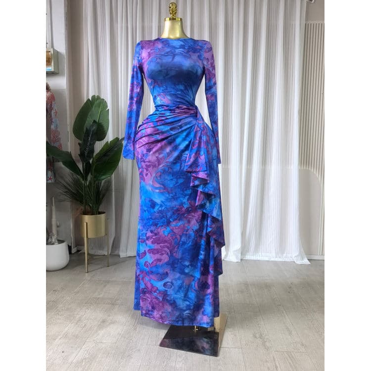 Wenshuo Vintage Long Sleeve Dress Wholesale Printed Pleated Dress Custom logo Casual Maxi Dress Factory Directly