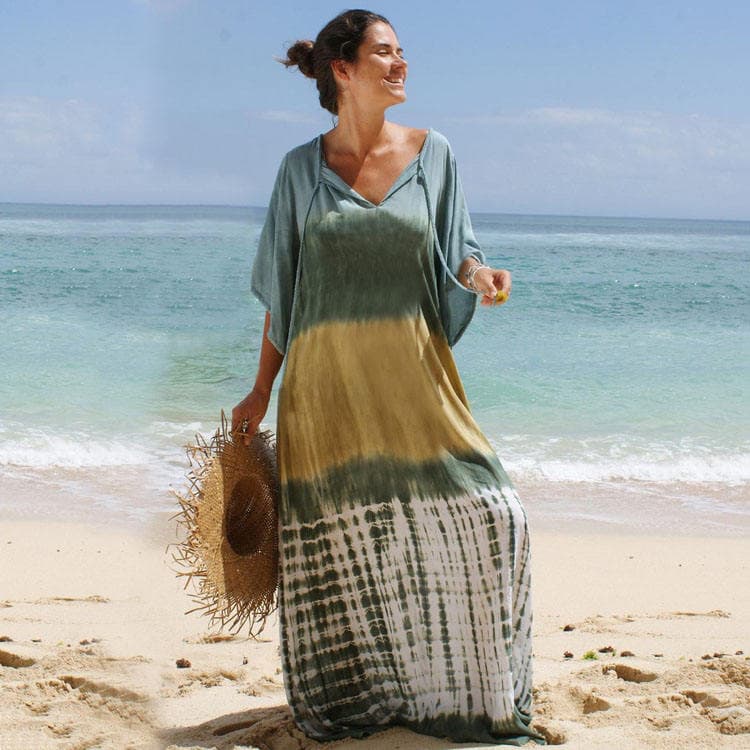 Wholesaler Printed Faux Tie Dye Pattern Holiday Dress Women Bikini Sun Long Shirt Beach Cover Ups